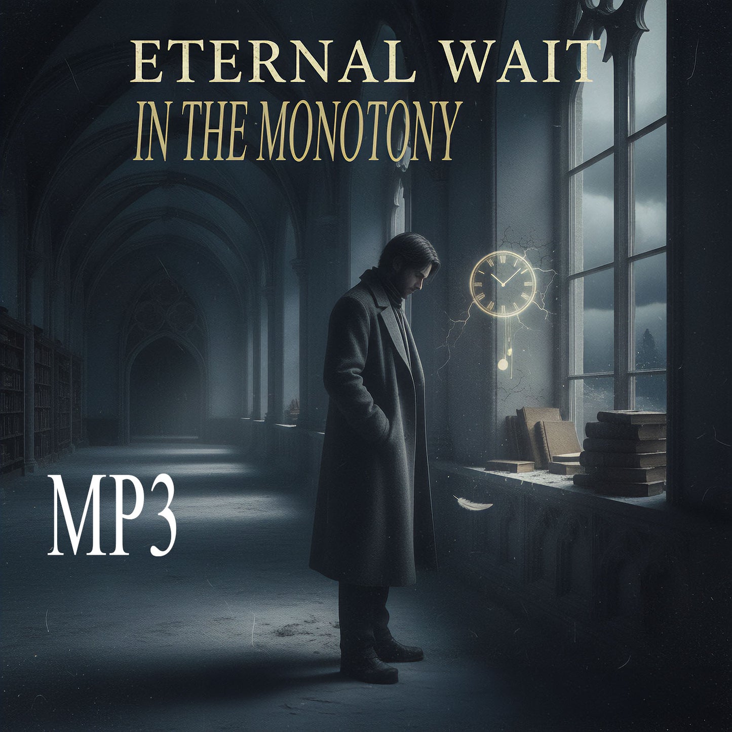 🖼️ Alt Text for Album Cover
A solitary man in a long, dark coat stands facing a large, multi-pane window in a gloomy, medieval-style hallway or library. Light streams in through the window, illuminating dust motes and a stack of books on the sill. A glowing gold clock face with swinging pendulum lines is superimposed near the window, suggesting the passage of time. The title text reads "ETERNAL WAIT IN THE MONOTONY" across the top, and "MP3" is in the bottom left corner.