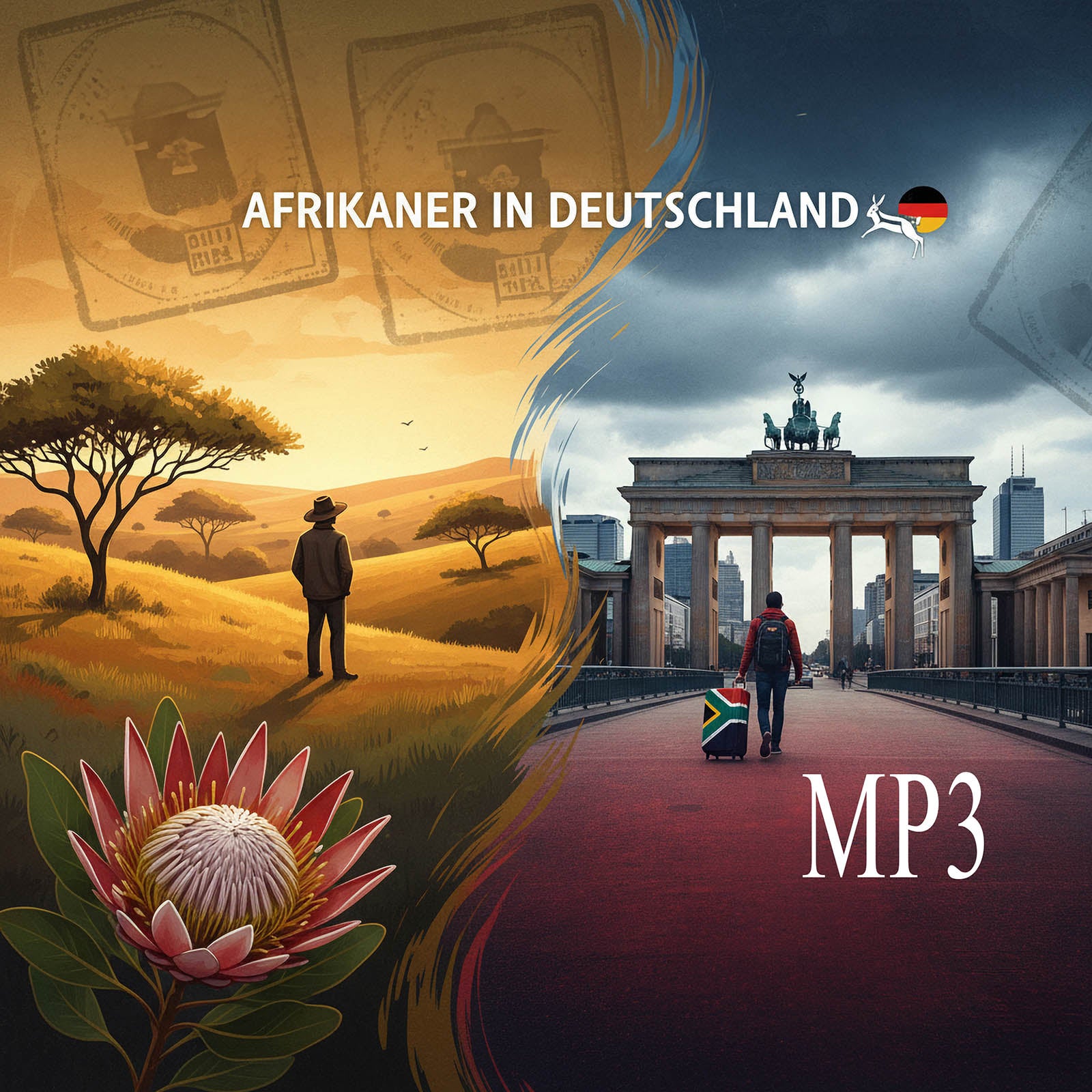 Two contrasting scenes divided by a curved line: left with a person in a hat and coat on grass, right with a person with a suitcase at the Brandenburg Gate. Afrikaner in Deutschland text and MP3 logo.