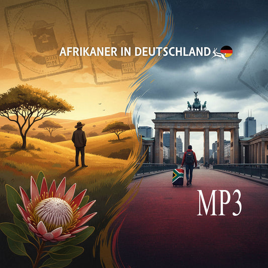Two contrasting scenes divided by a curved line: left with a person in a hat and coat on grass, right with a person with a suitcase at the Brandenburg Gate. Afrikaner in Deutschland text and MP3 logo.
