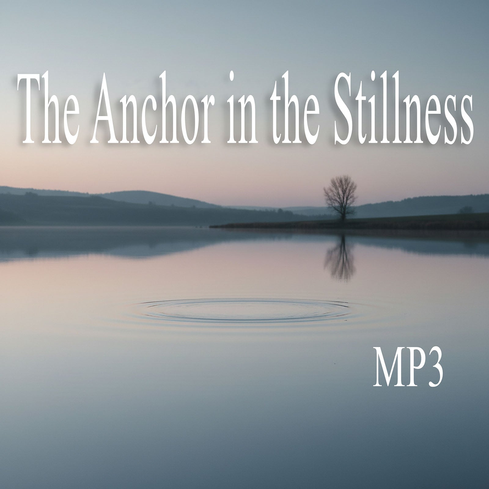  serene landscape with a tree reflection on water and text 'The Anchor in the Stillness MP3' above
