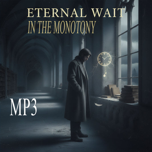 
🖼️ Alt Text for Album Cover
A solitary man in a long, dark coat stands facing a large, multi-pane window in a gloomy, medieval-style hallway or library. Light streams in through the window, illuminating dust motes and a stack of books on the sill. A glowing gold clock face with swinging pendulum lines is superimposed near the window, suggesting the passage of time. The title text reads "ETERNAL WAIT IN THE MONOTONY" across the top, and "MP3" is in the bottom left corner.
