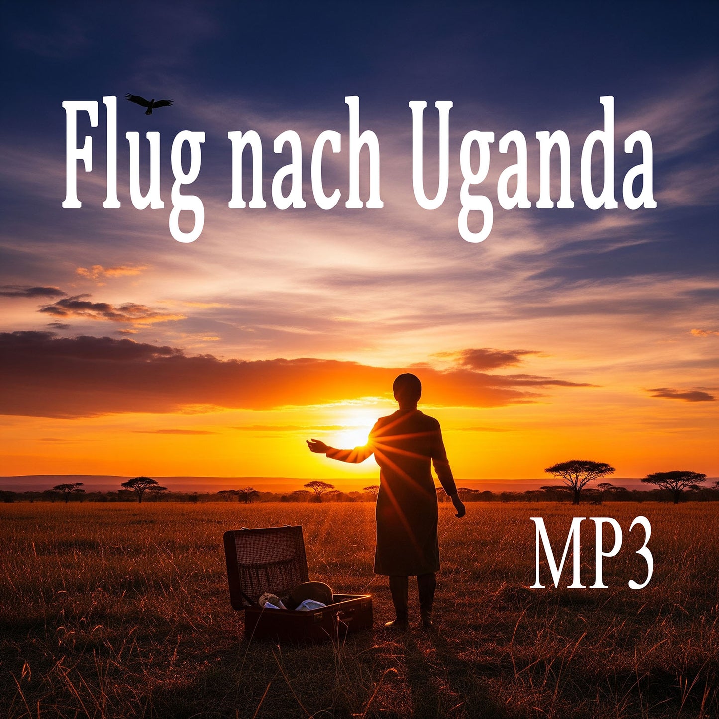 Person standing in a field with a suitcase at sunset, with text 'Flug nach Uganda MP3' on a colorful sky background.