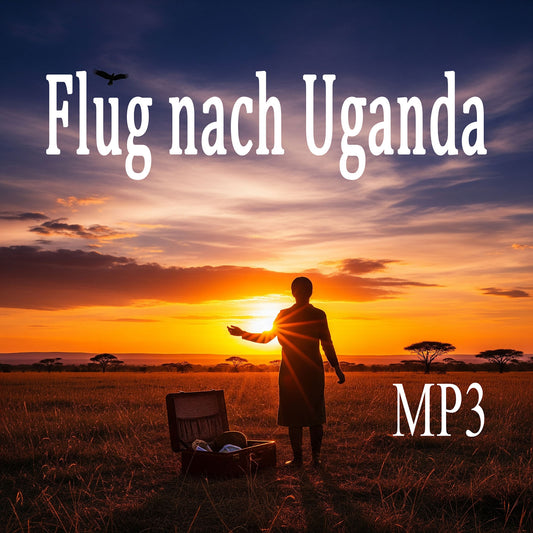 Person standing in a field with a suitcase at sunset, with text 'Flug nach Uganda MP3' on a colorful sky background.
