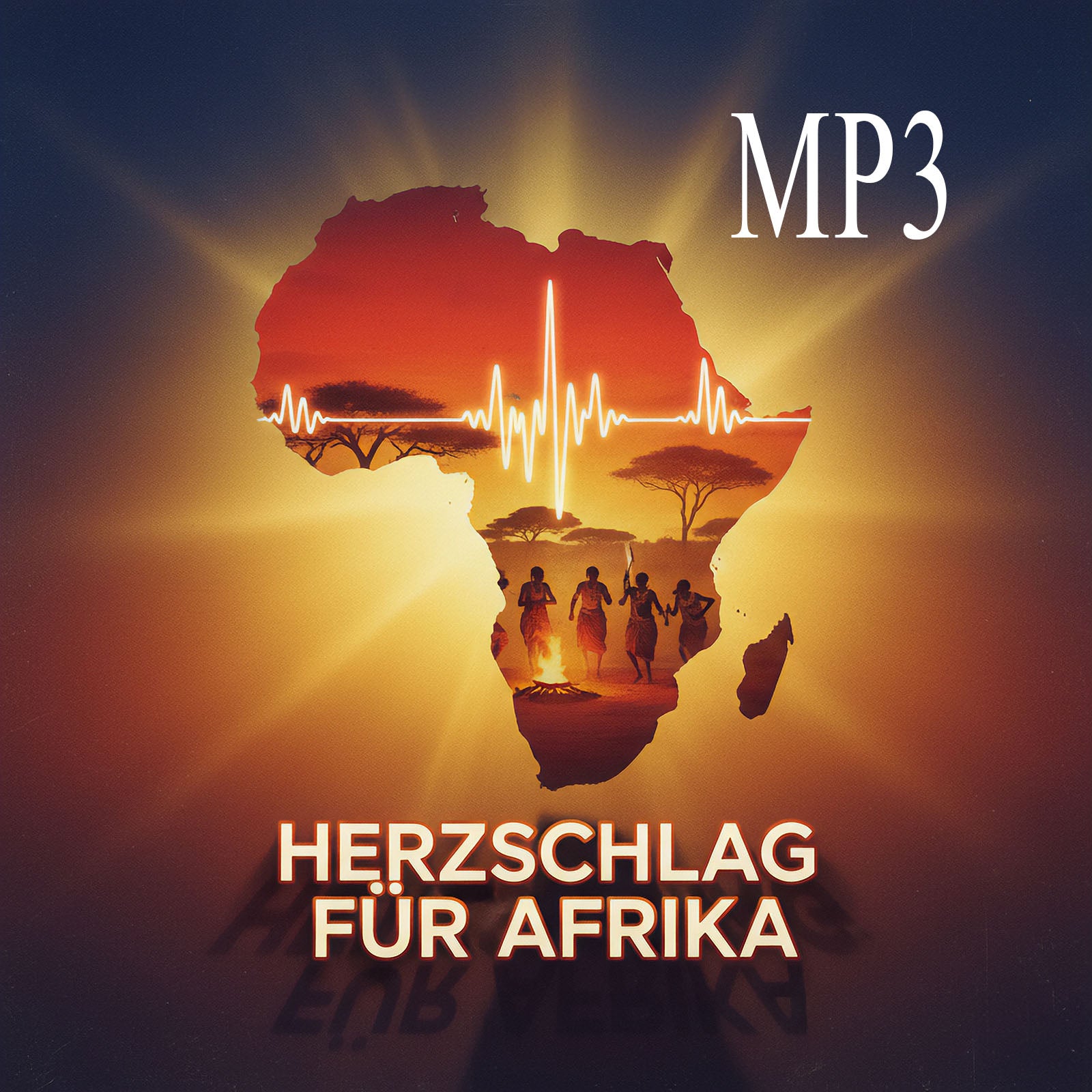 Map of Africa with people around a fire, MP3 and text 'HERZSCHLAG Fßr Afrika' on a dark background