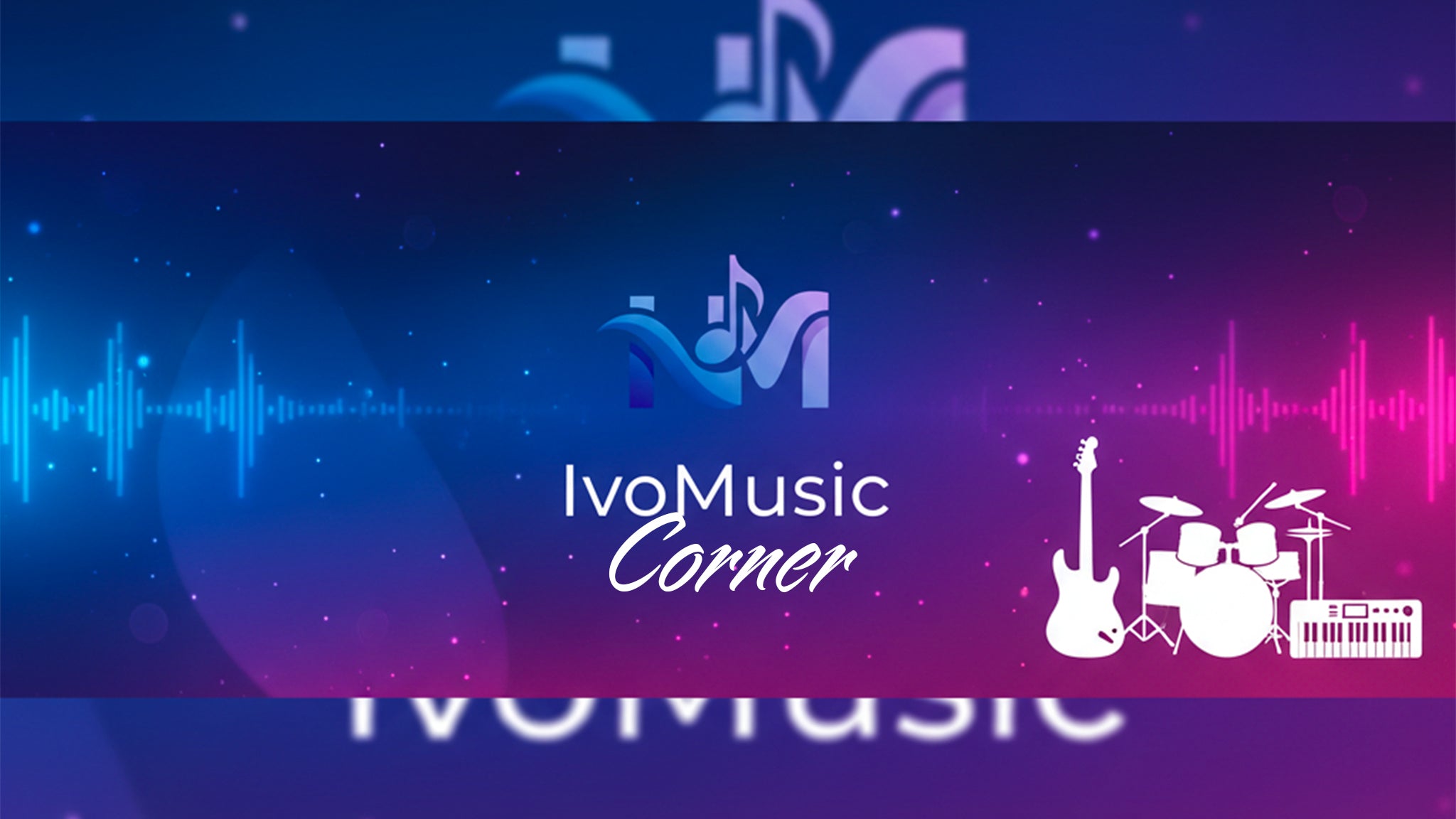 IvoMusic Corner logo with musical instruments and sound waves on a blue and purple gradient background