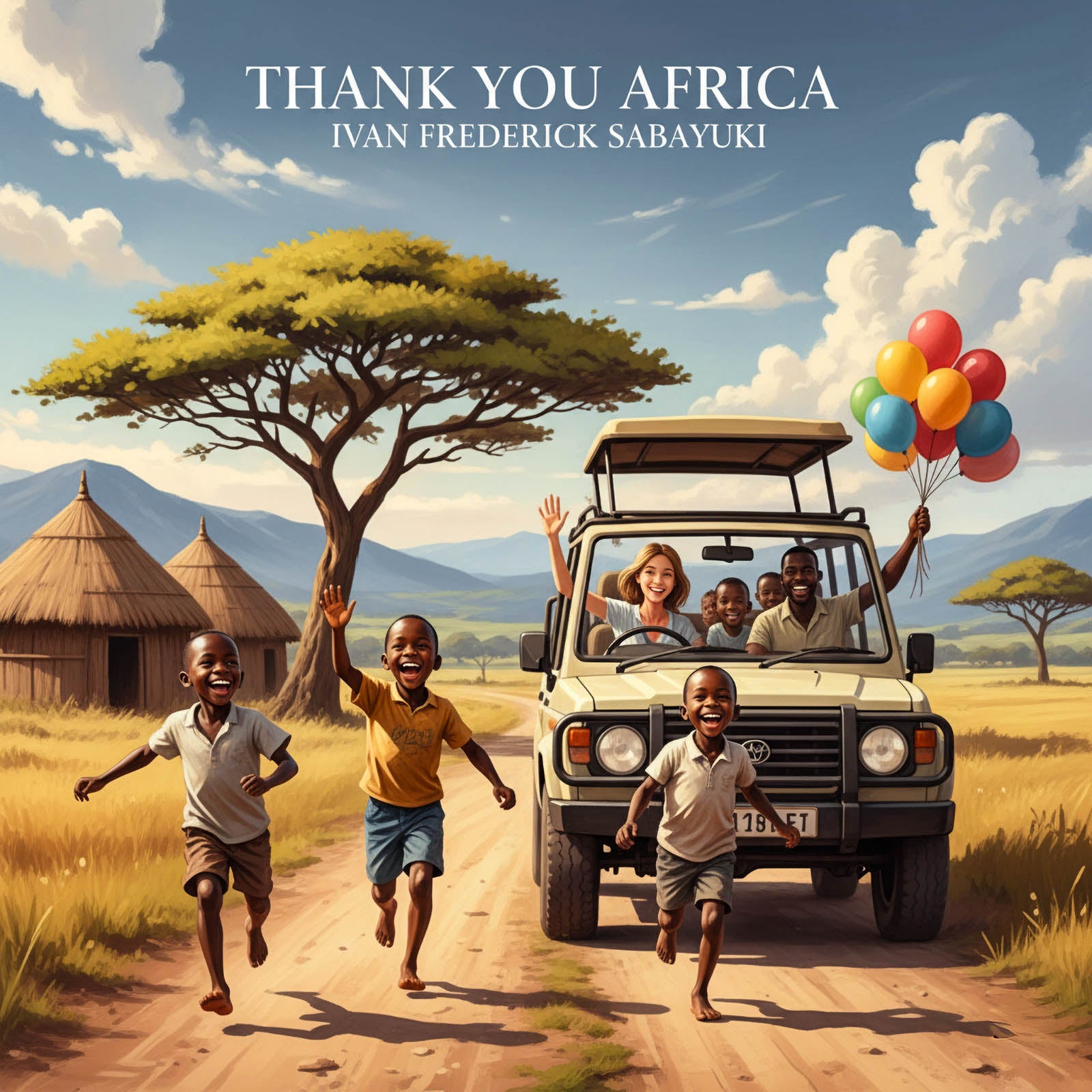 Illustration of a family in a safari vehicle with children running towards it in a scenic African landscape.