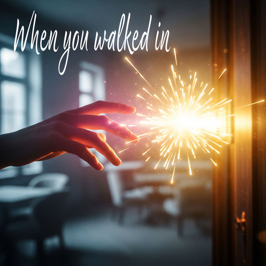 Hand reaching towards a bright light source with text 'When you walked in' in a blurred indoor setting.